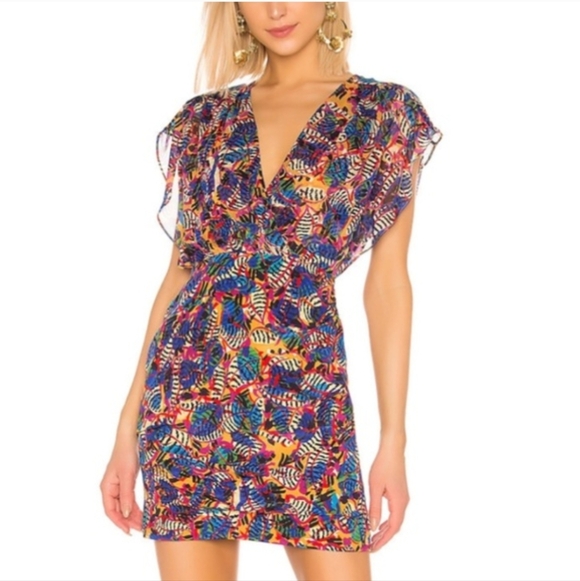 SALONI Silk Mini Dress XS - Gold Multicolor Floral Banana Leaf Wrap V-neck - Picture 14 of 16